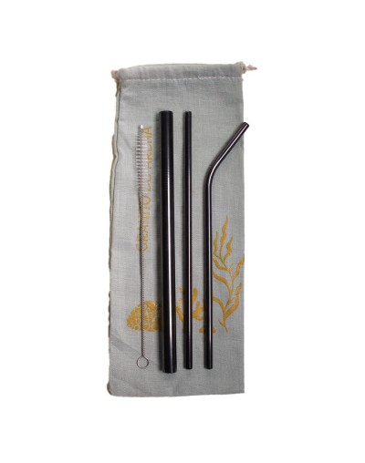 Set 3 pitillos negros ecológicos  cepillo Reutilizables en acero inoxidable 
