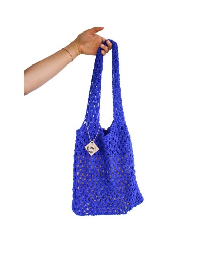 Mochila  bolsa tejida expandible reutilizable ecológica crochet azul