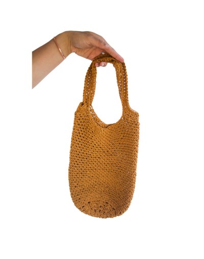 Mochila  bolsa tejida expandible reutilizable ecológica crochet dorada