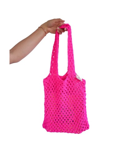 Mochila  bolsa tejida expandible reutilizable ecológica crochet rosada