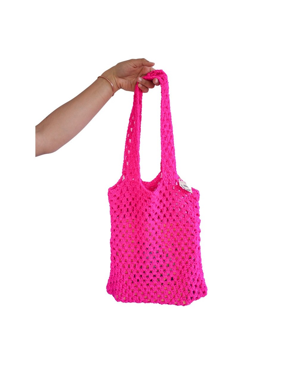 Mochila  bolsa tejida expandible reutilizable ecológica crochet rosada