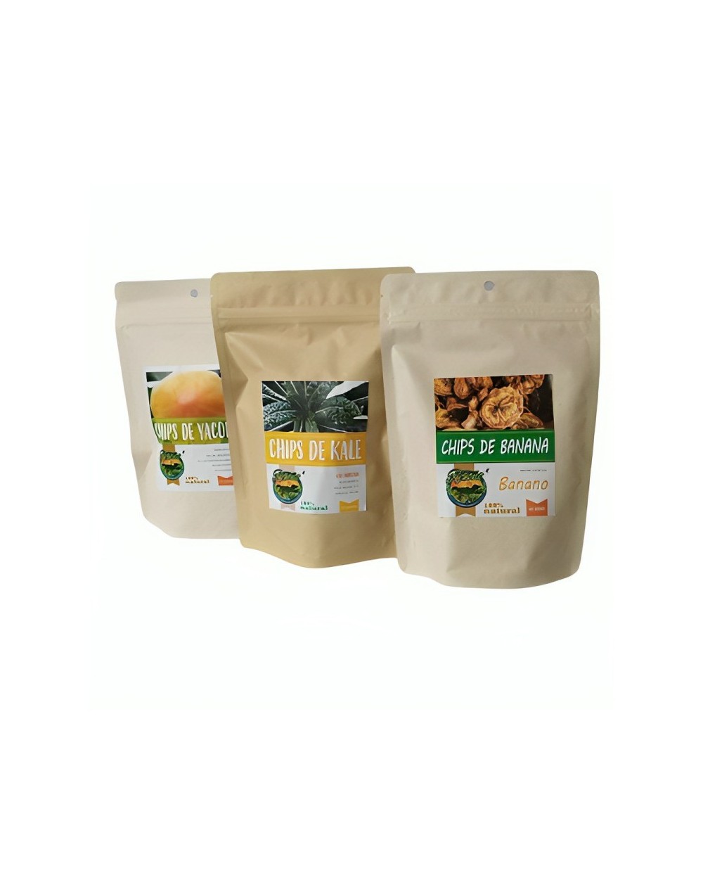 Chips deshidratados de yacon 20 gr-  chips de kale 20 gr - chips de banana 40 gr