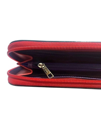 Billetera vanidosa grande de cremallera corazones cuero rojo