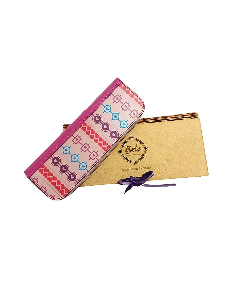 Portalápices multiusos vanidoso corazones cuero fucsia