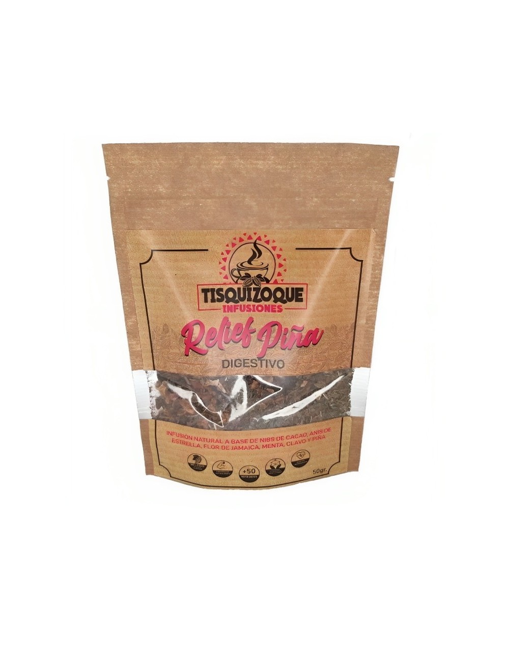 Infusión Reiief , Nibs de cacao, anís de estrella, piña, flor de Jamaica, menta y clavo