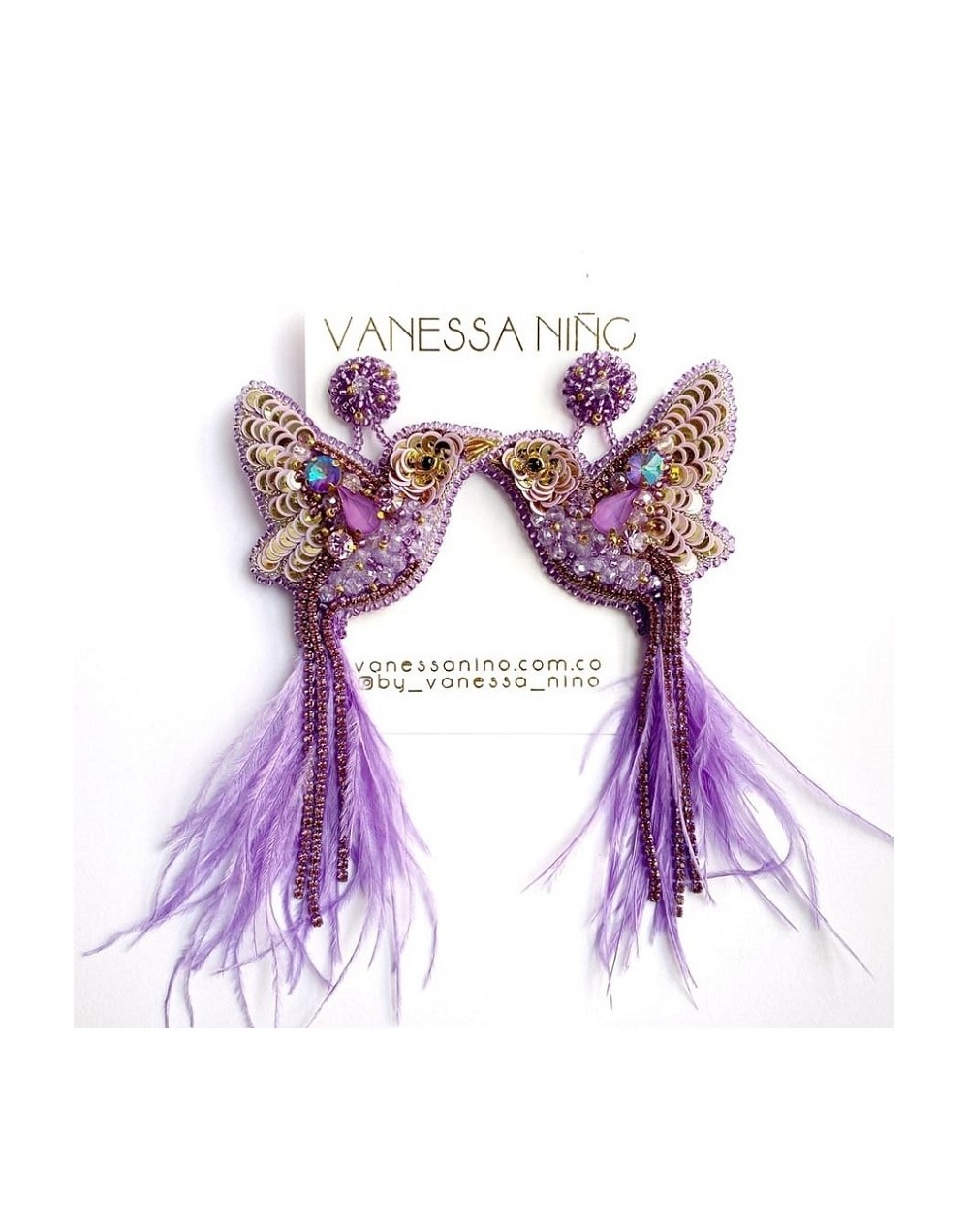 Aretes colibri cola larga lila