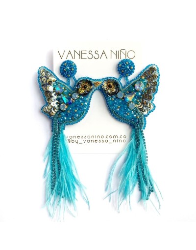Aretes colibri cola larga turquesa