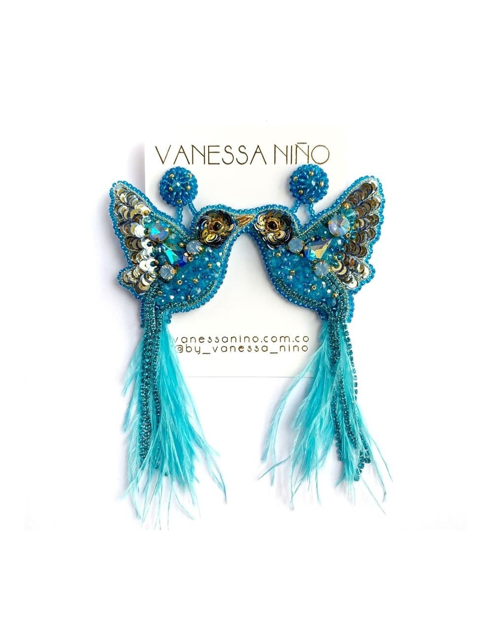 Aretes colibri cola larga turquesa