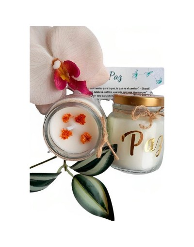 Vela ecológica aromatizada con intención de paz, incluye tarjeta de meditación
