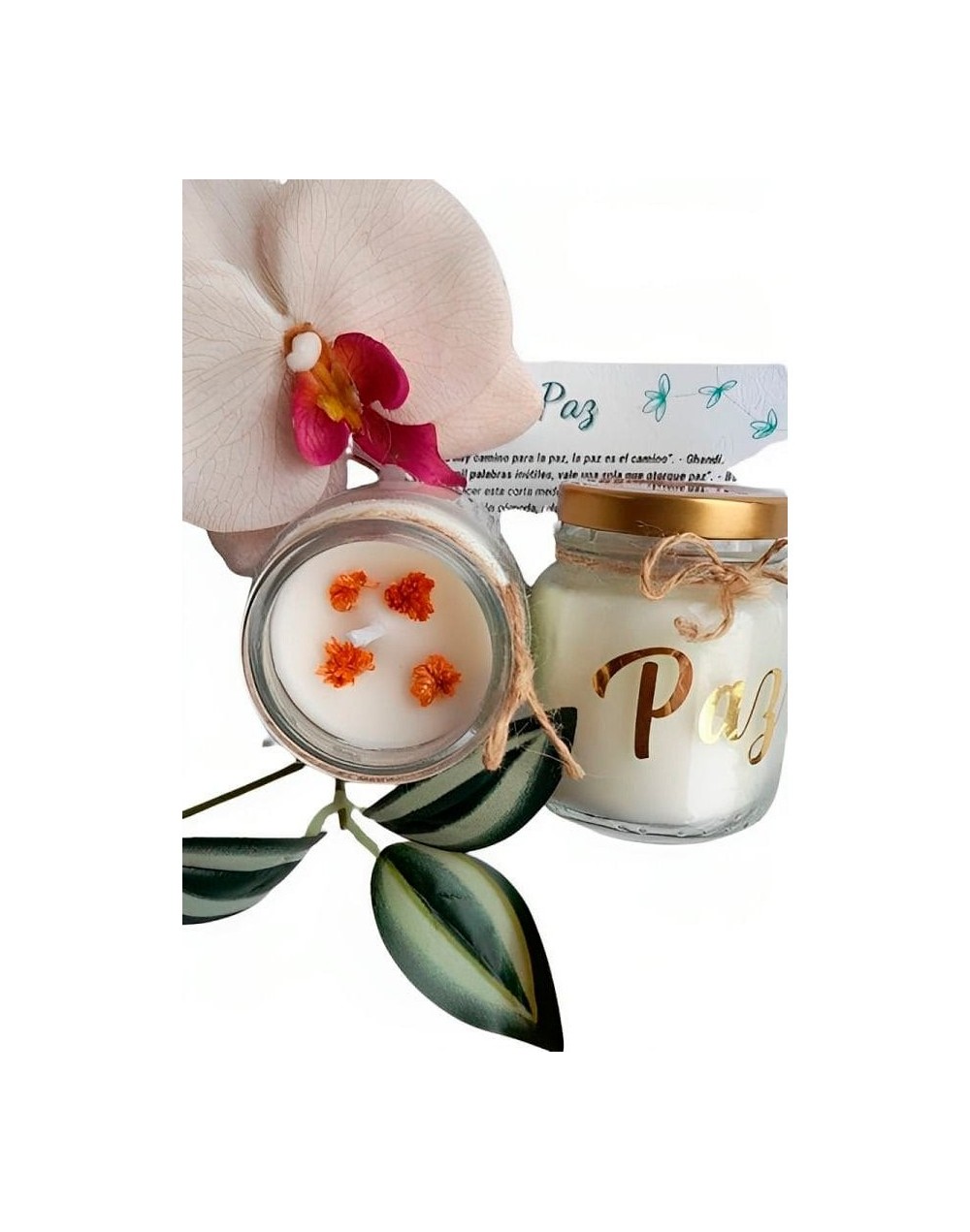 Vela ecológica aromatizada con intención de paz, incluye tarjeta de meditación