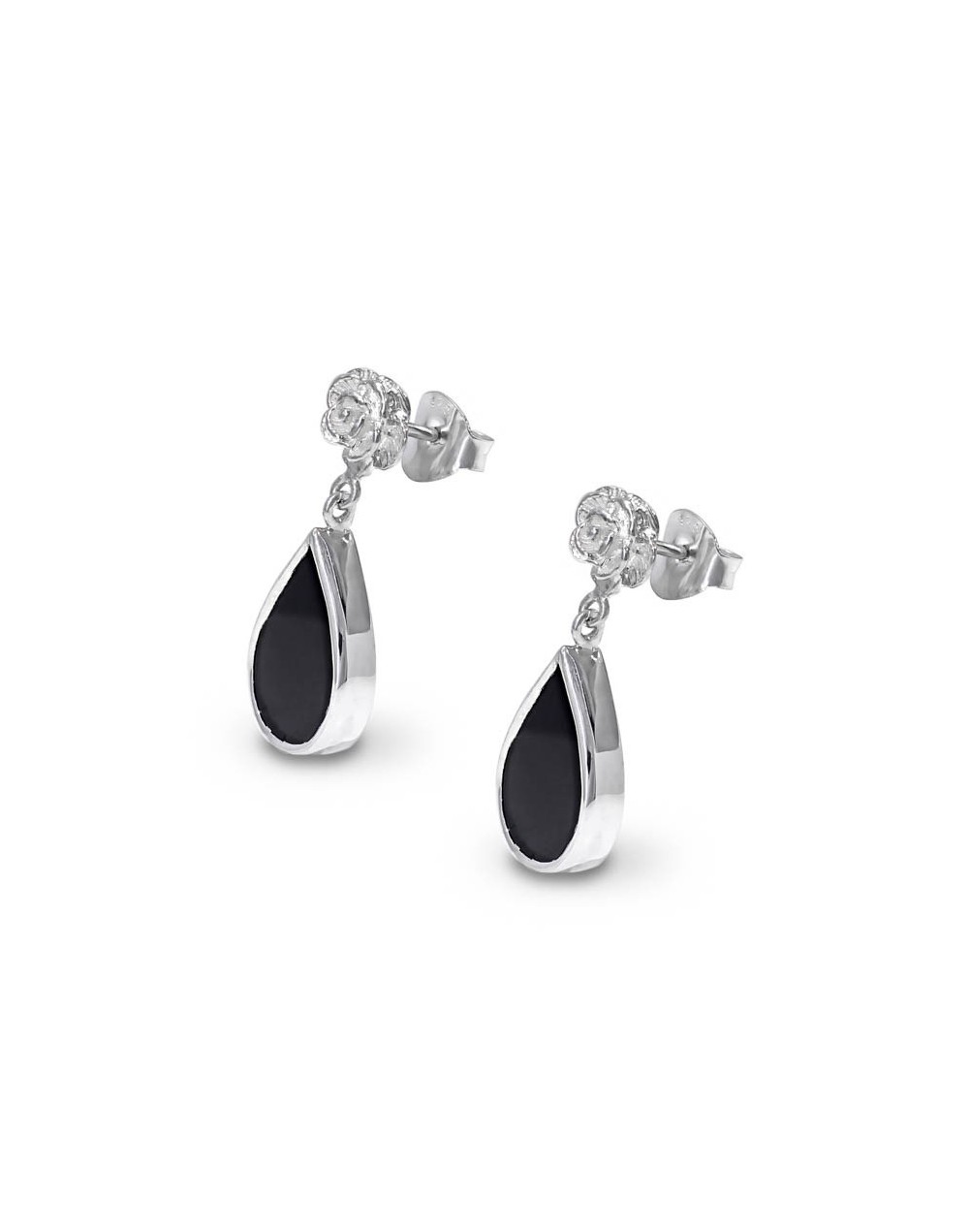 Aretes gota onix rosas plata 925