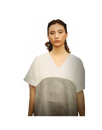 Vestido en cañamo gris y blanco con bolsillos