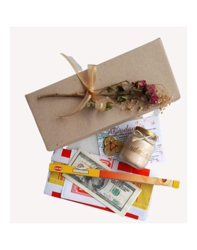 Kit de abundancia con vela, tarjeta de meditación, juego papel oriental, incienso y trío de monedas