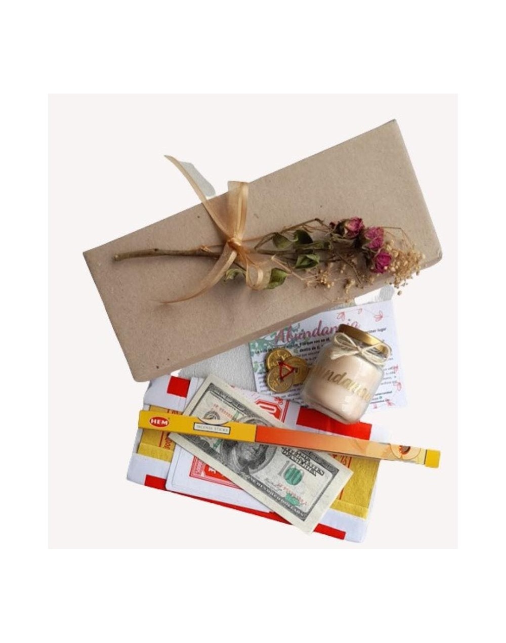 Kit de abundancia con vela, tarjeta de meditación, juego papel oriental, incienso y trío de monedas