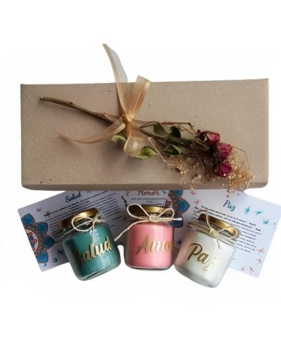 Kit de 3 velas ecológicas  aromatizadas con intención y tarjetas de meditación