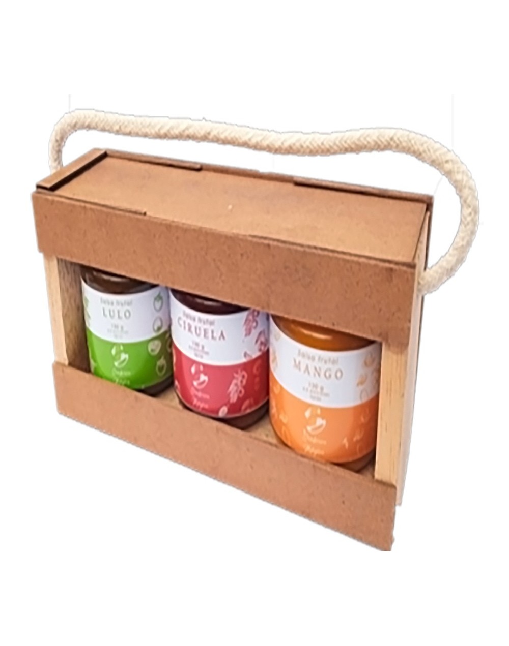 Caja de madera x3 salsas frutales y picantes