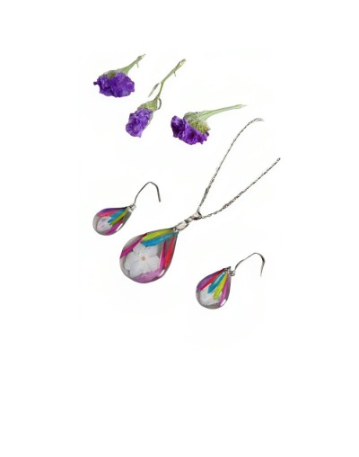 Juego de collar y aretes en flores de hortensias con pétalos de colores encapsulados en resina epoxi en acero dorado y plateado