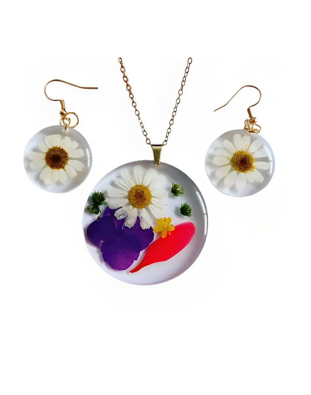 Conjunto de collar y aretes con flores margarita encapsuladas en resina epoxi 