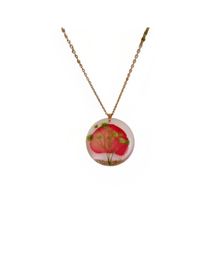Juego de aretes y collar con pétalos rojos con flores gipsófilas  encapsuladas en resina epoxi en broche de acero 
