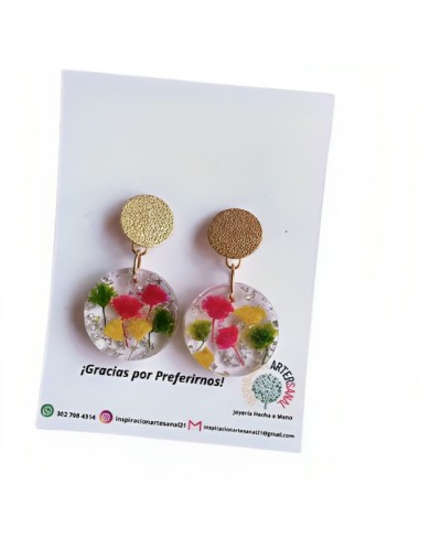 Aretes en flores naturales gipsófilas  vivas de otoño en broche en bronce bañado en oro 