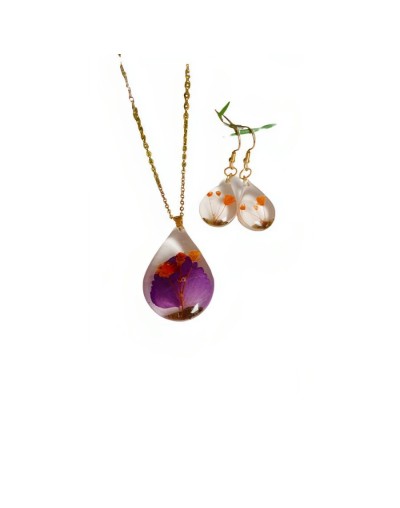 Juego de collar y aretes en pétalos naturales color morado y naranja  encapsulados en resina epoxi en acero 