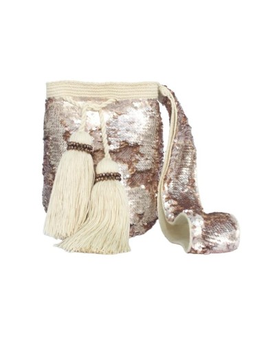 Mochila wayuu artesanal lentejuelas palo de rosa