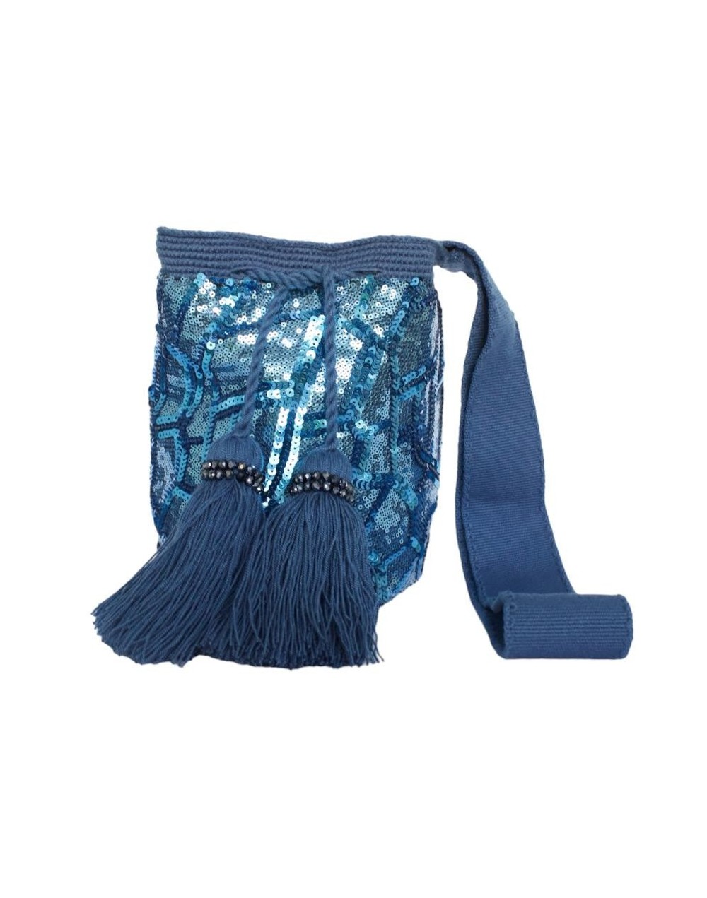 Mochila wayuu artesanal lentejuelas azules