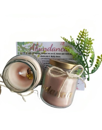 Vela ecológica aromatizada con intención abundancia y tarjeta de meditación