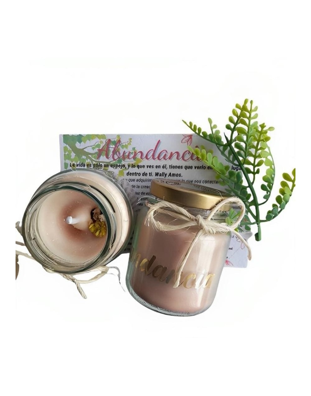 Vela ecológica aromatizada con intención abundancia y tarjeta de meditación