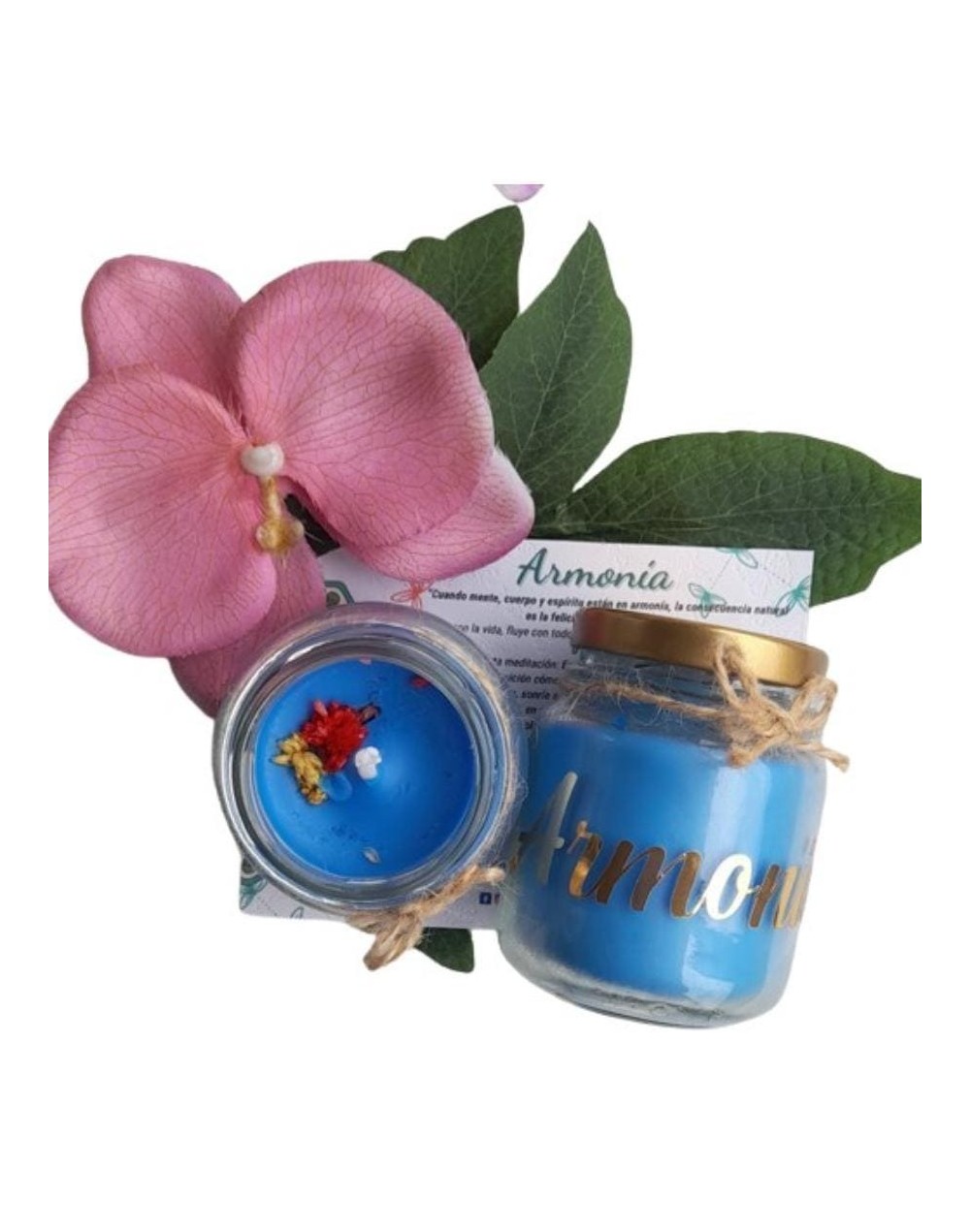 Vela ecológica de cera de palma aromatizada con intención de armonía, incluye tarjeta de meditación