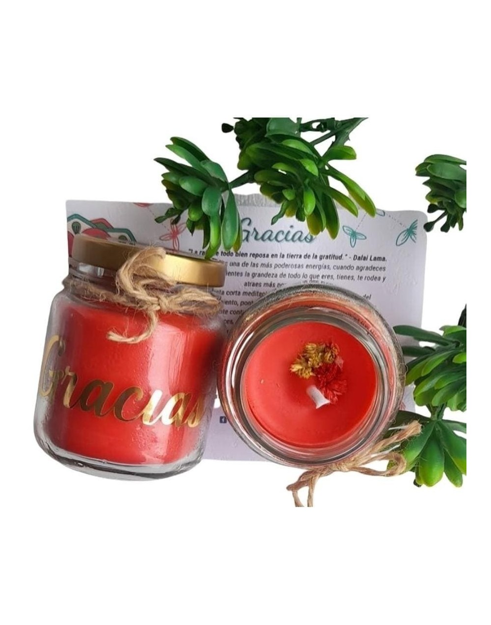 Vela ecológica aromatizada con intención de gracias, incluye tarjeta meditación