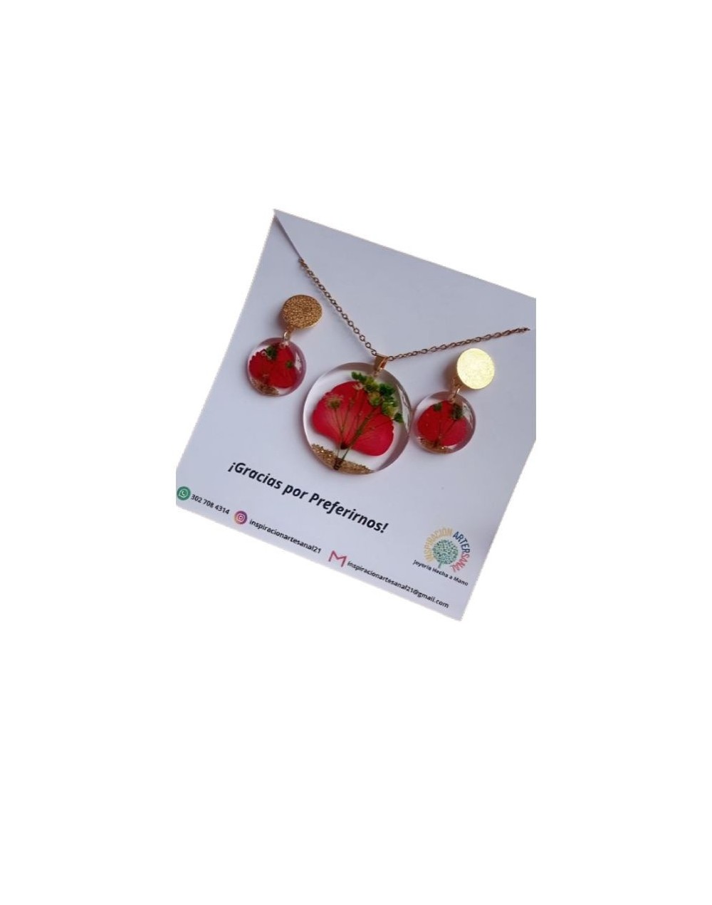 Juego de collar y aretes hortensias rojas preservadas.
