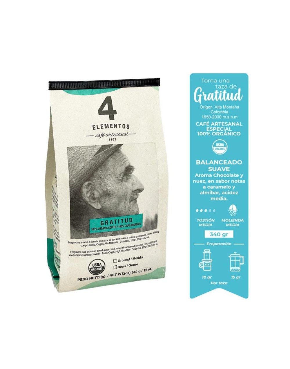 Cafe gratitud 4 elementos x 340 grs molido o en grano
