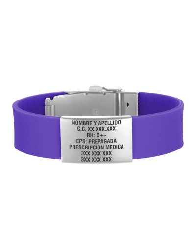 Manilla de identificación morada placa plateada