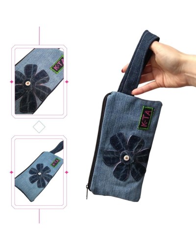 Cosmetiqueras con flor en jean 