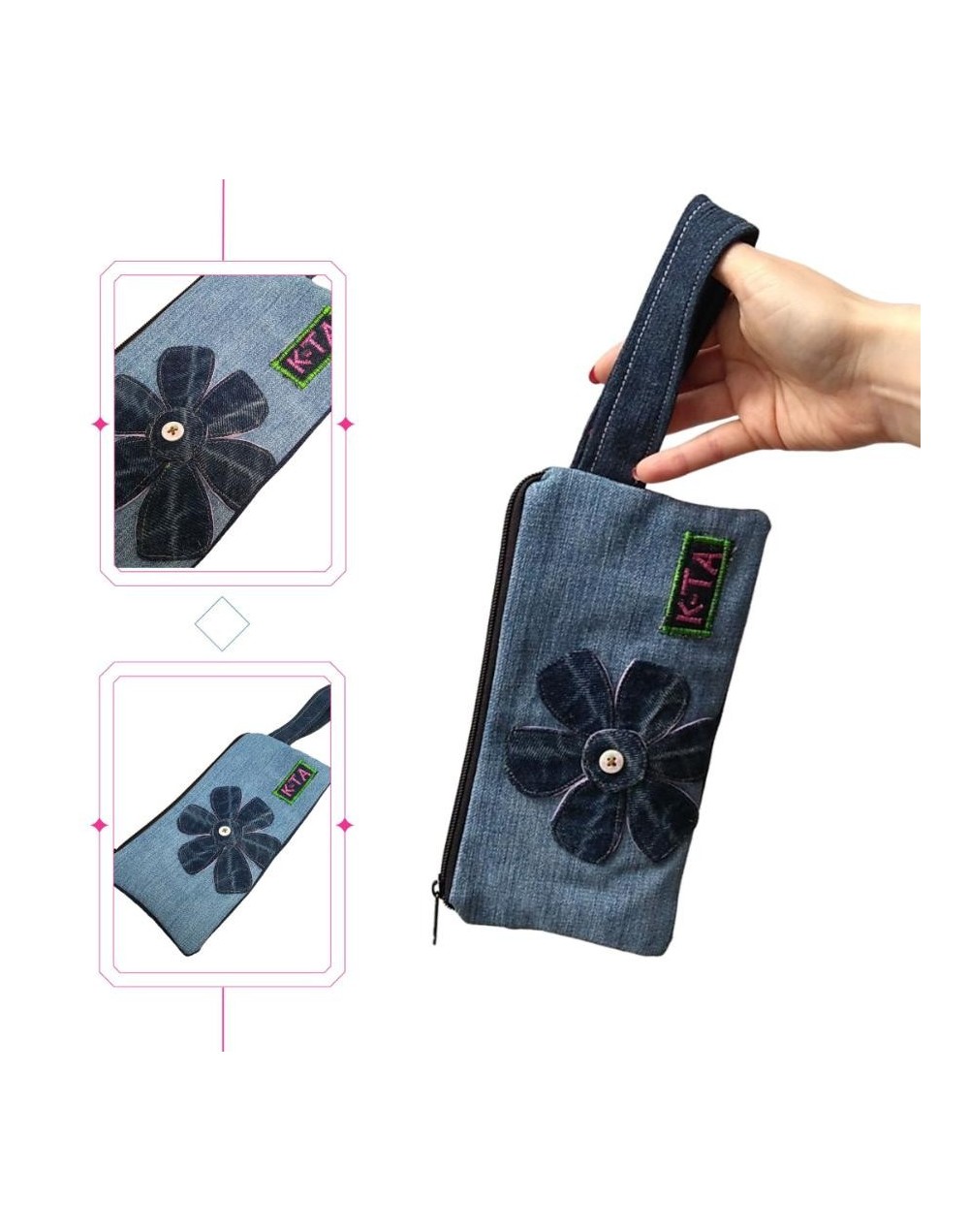 Cosmetiqueras con flor en jean 