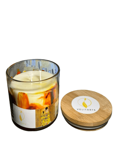 Vela homenaje romance dorado 350 ml fragancia bergamota jengibre y canela