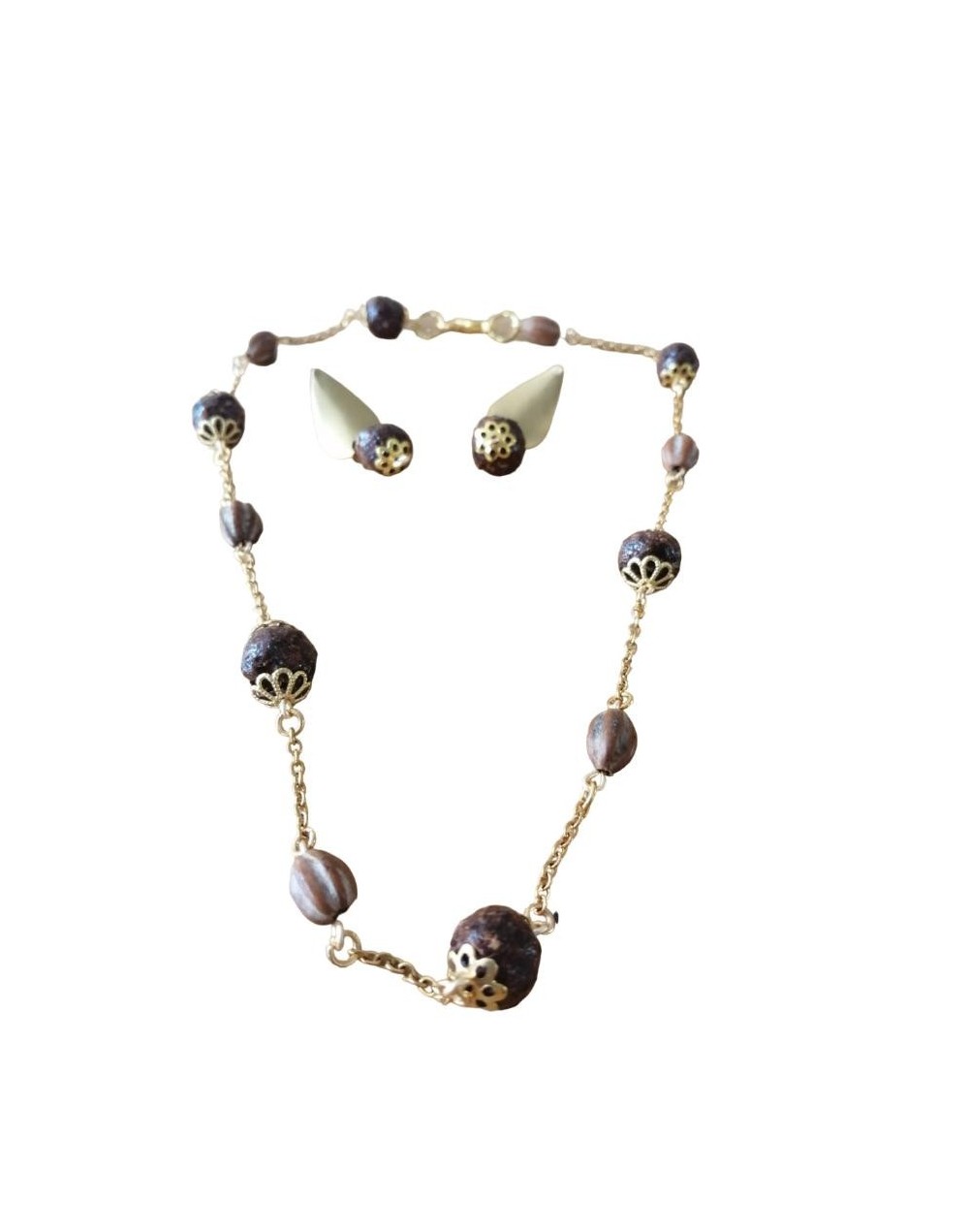 Juego collar y aretes perlas de cacao