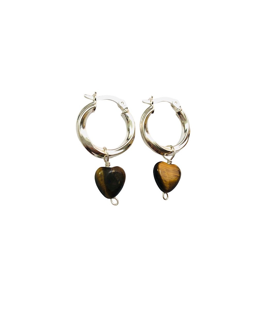 Hoops plata ojo de tigre corazón