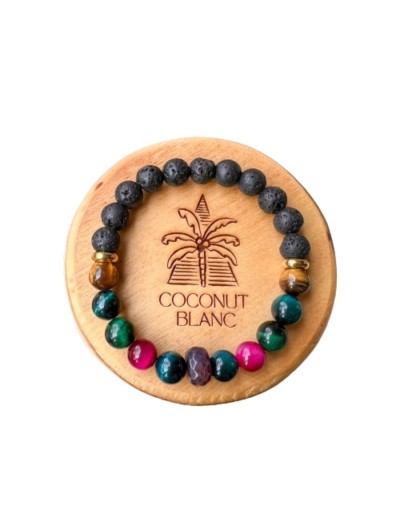 Pulsera de piedras naturales de ojo de tigre de colores, ágata y piedra volcánica.