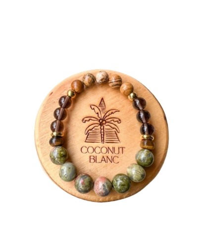 Pulsera de piedras naturales con unakita, jaspe, ojo de tigre y cuarzo ahumado.