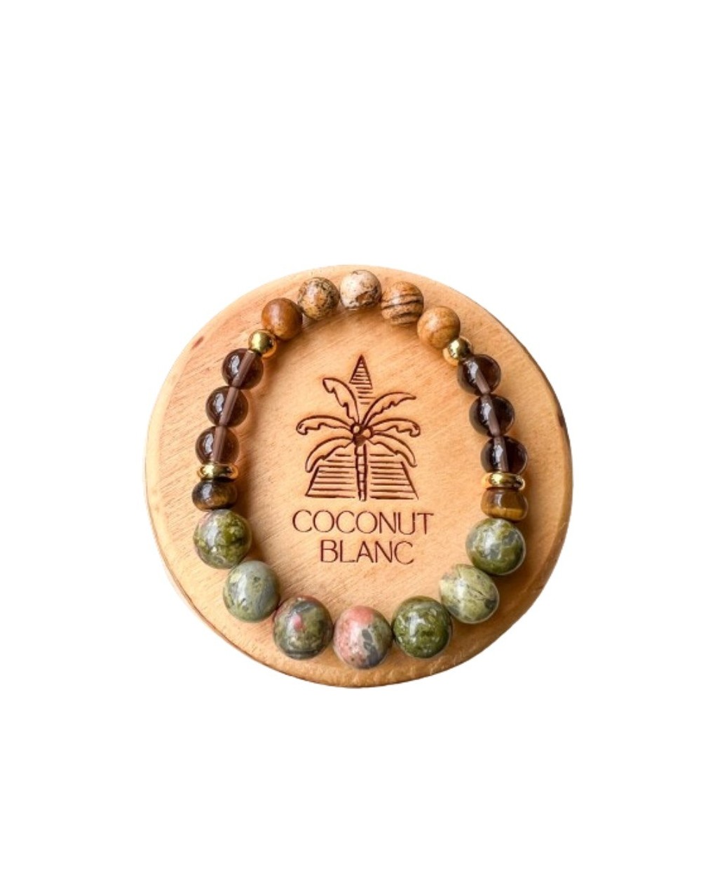 Pulsera de piedras naturales con unakita, jaspe, ojo de tigre y cuarzo ahumado.