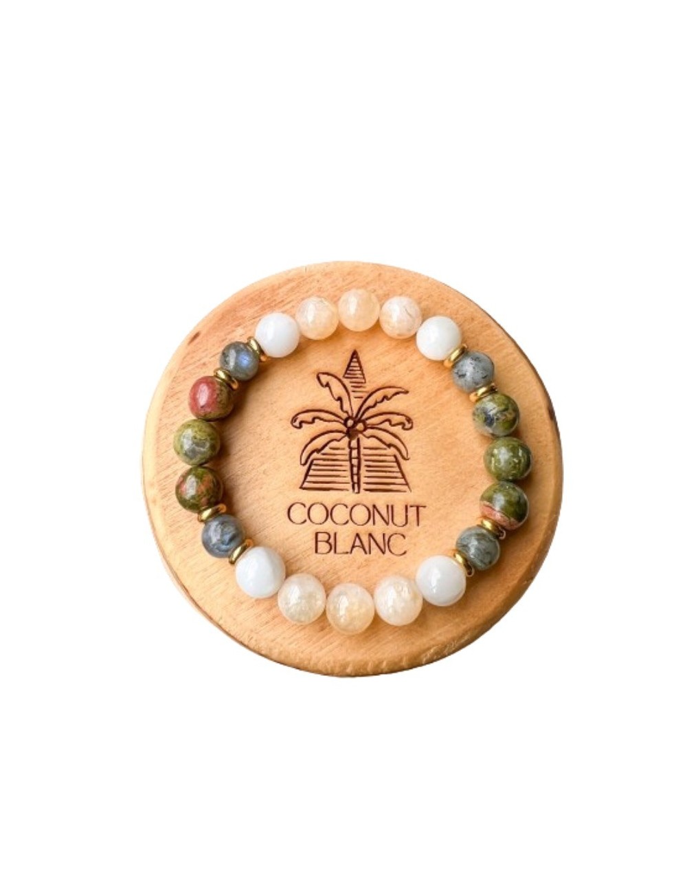 Pulsera de piedras naturales unakita, citrino, labradorita y piedra de la luna.