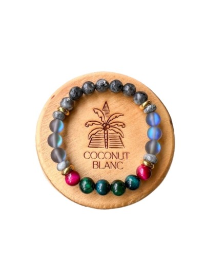Pulsera de piedras naturales con ojo de tigre, cuarzo humo aura, labradorita y ágata.