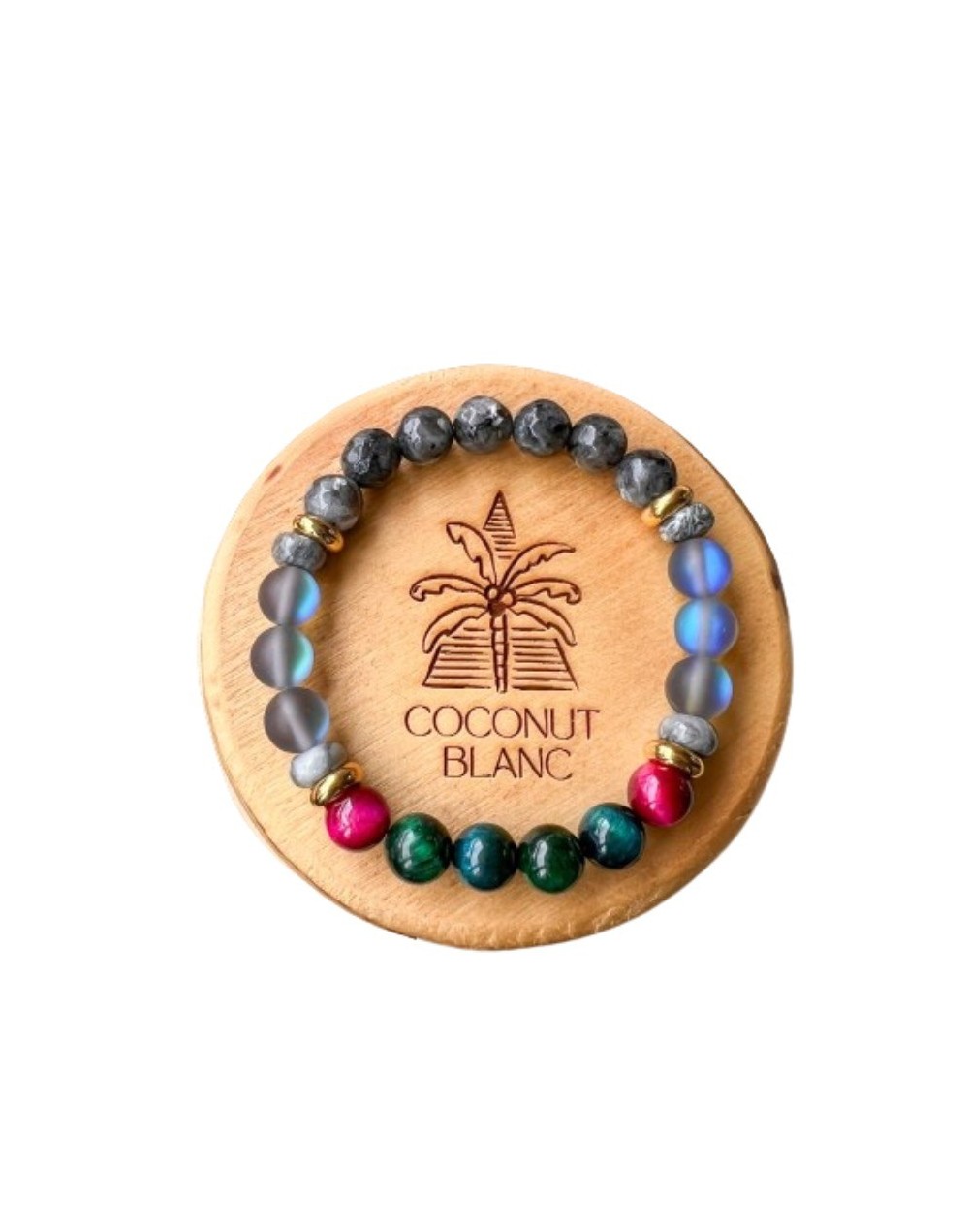 Pulsera de piedras naturales con ojo de tigre, cuarzo humo aura, labradorita y ágata.