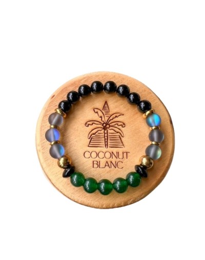 Pulsera de piedras naturales de aventurina, cuarzo humo aura y ónix.