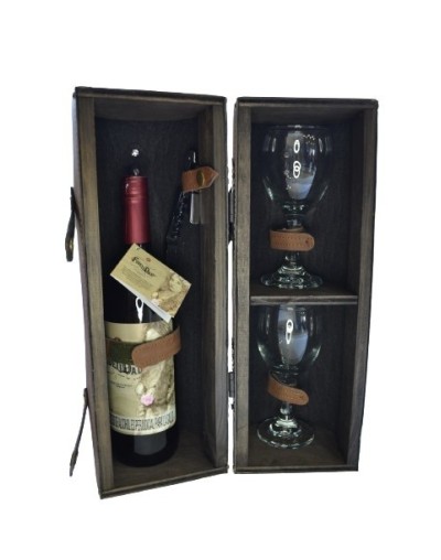 Kit vinera cuero sintético [botella vino de corozo, copas pequeñas, sacacorchos]