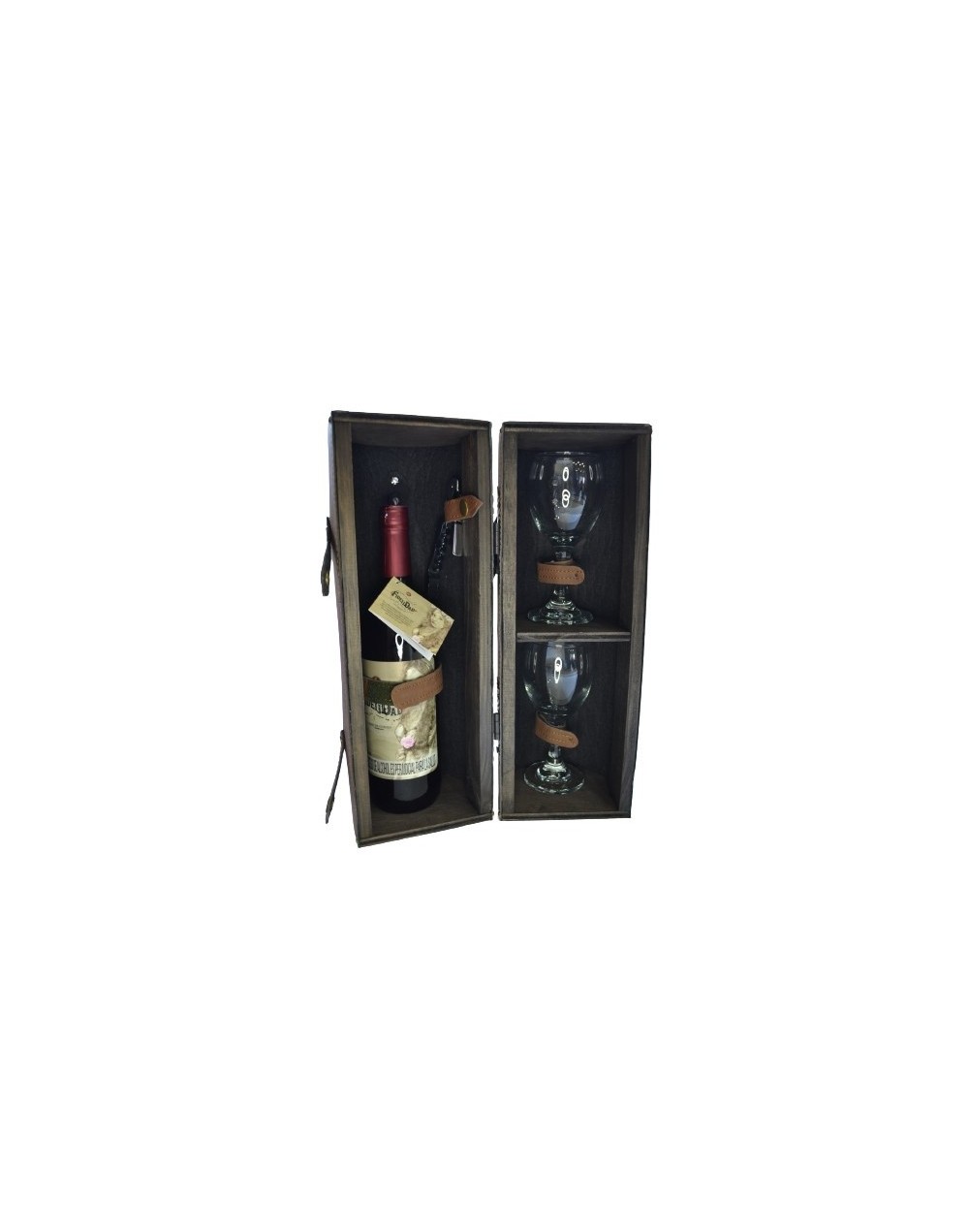 Kit vinera cuero sintético [botella vino de corozo, copas pequeñas, sacacorchos]