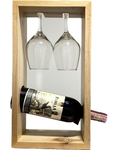 Kit vinera de mesa [vinera madera, dos copas grandes, botella vino corozo]