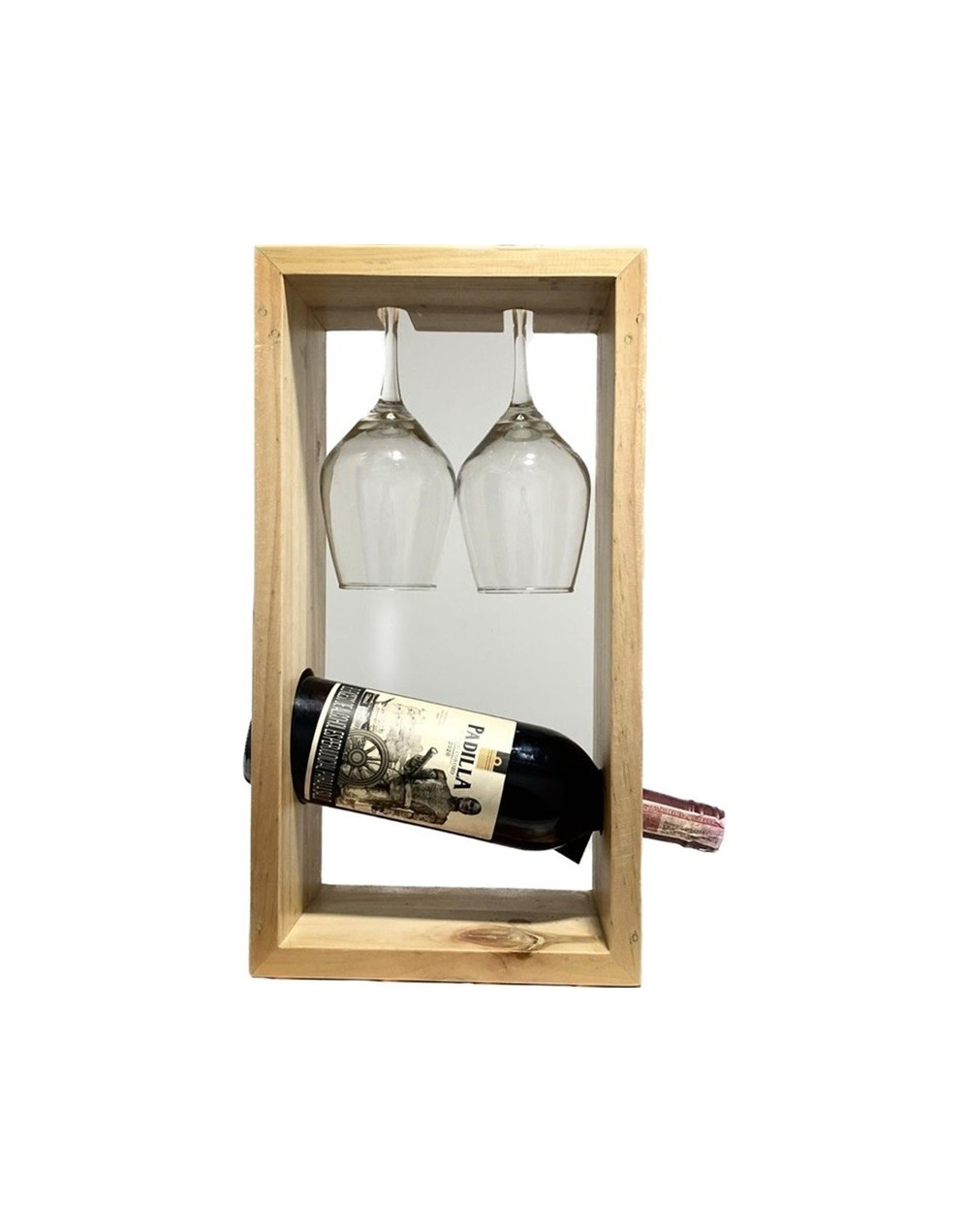 Kit vinera de mesa [vinera madera, dos copas grandes, botella vino corozo]